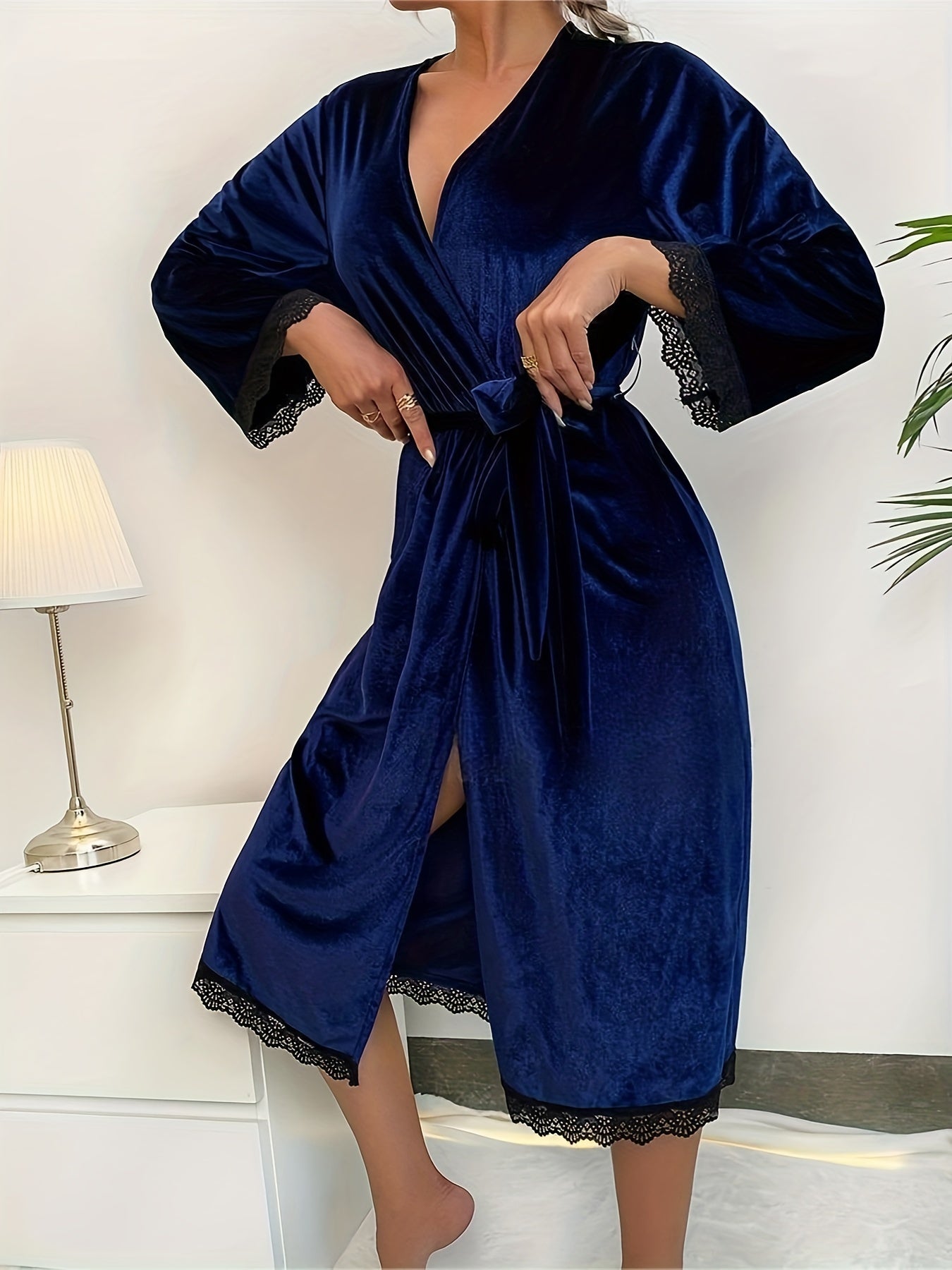 Velvet Night Robe V Neck Lace Long Sleeve Sleepwear