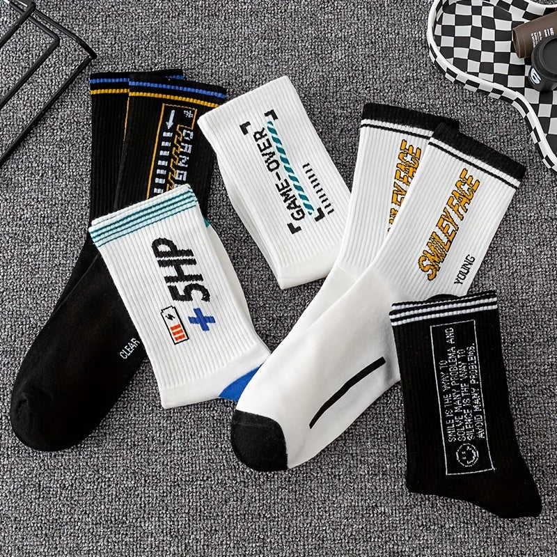 5 Pairs Letter Pattern Print Socks Men's Outdoor Street Stockings