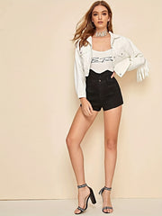 Fringe Trim Denim Jacket Flap Pockets Lapel Coat Women's Clothing