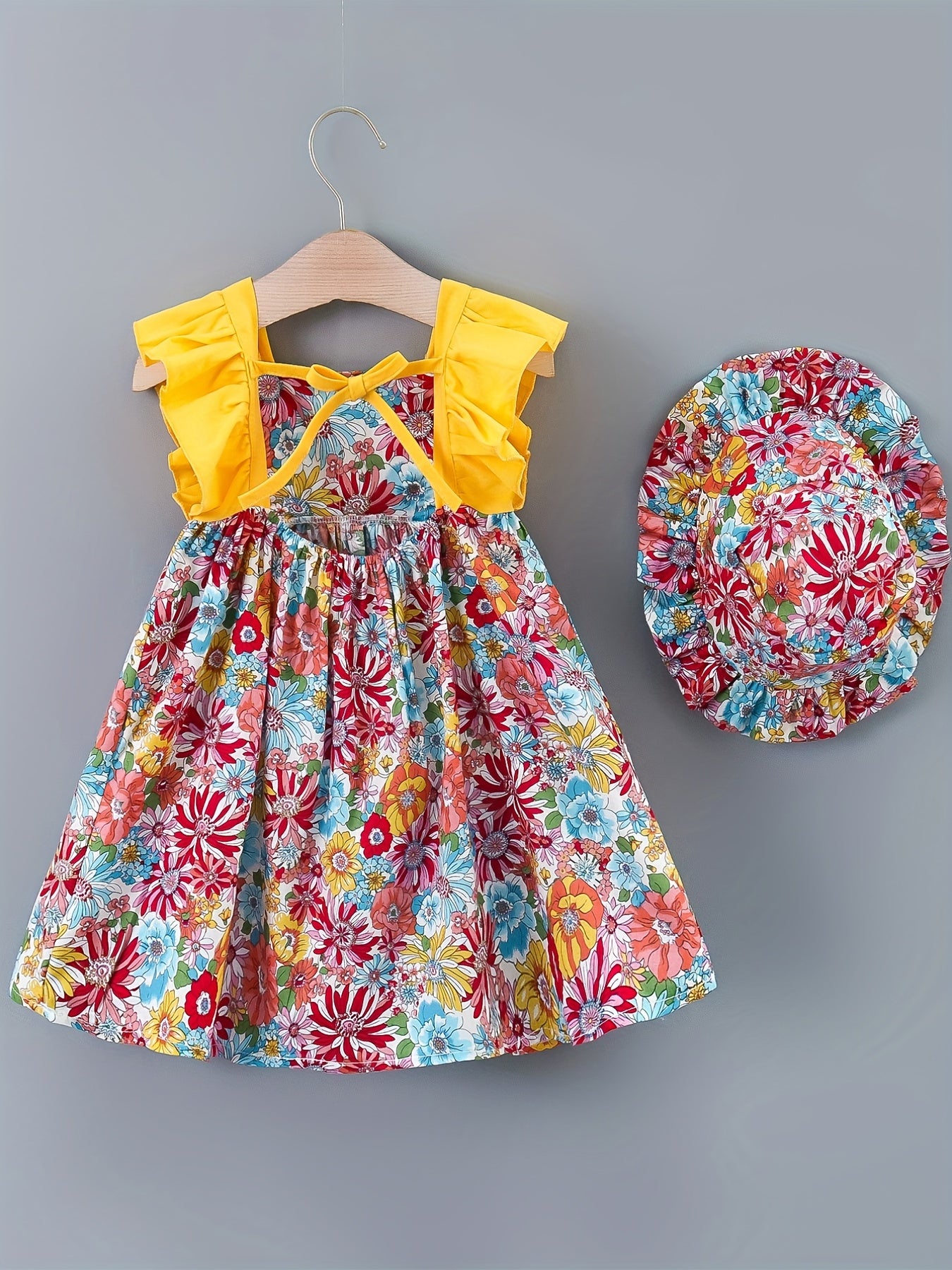 Floral Print Dress & Hat Set for Baby Girls 2pcs
