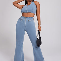 Y2K Denim Halter Neck Crop Top & Flared Leg Jeans Set Plus Size