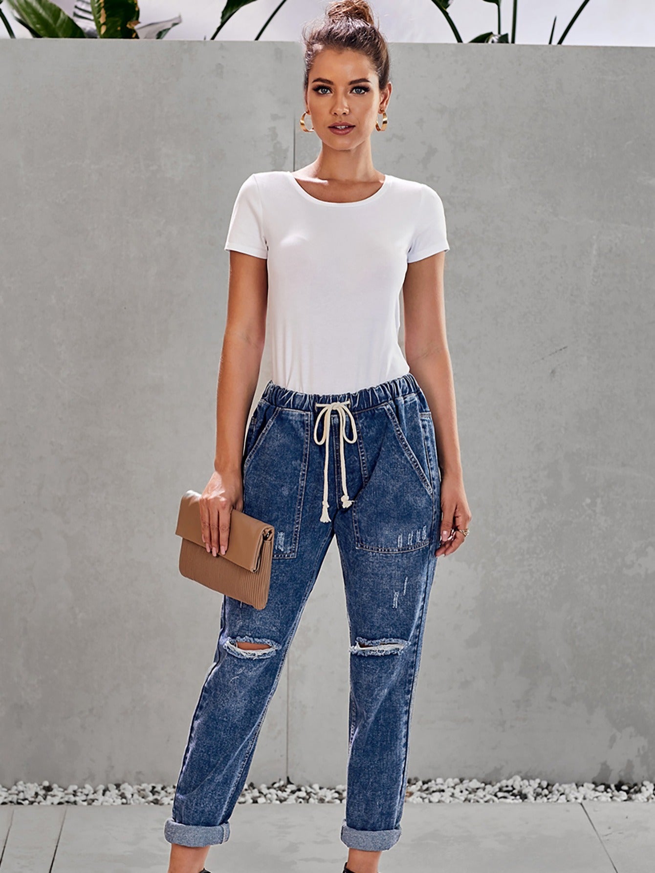 Distressed Drawstring Denim Pants Slash Pockets Ripped Jeans