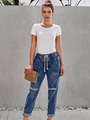 Distressed Drawstring Denim Pants Slash Pockets Ripped Jeans