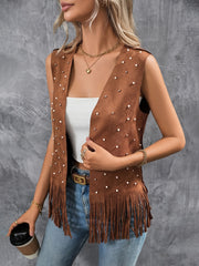 Casual Cardigan w/ Faux Pearl Decor Faux Suede Fringe Trim