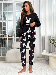 Rabbit Print Pajama Set Short Sleeve Crew Neck Top & Pants
