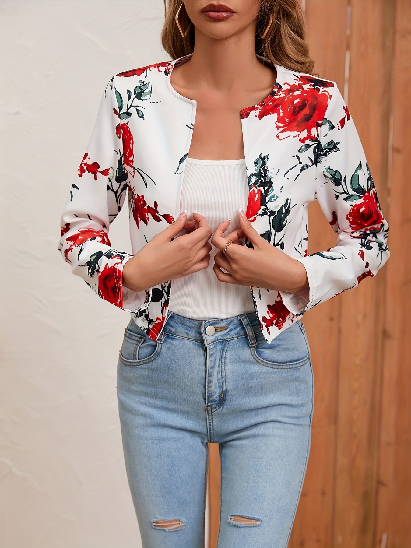 Floral Print Open Front Crop Jacket for Women