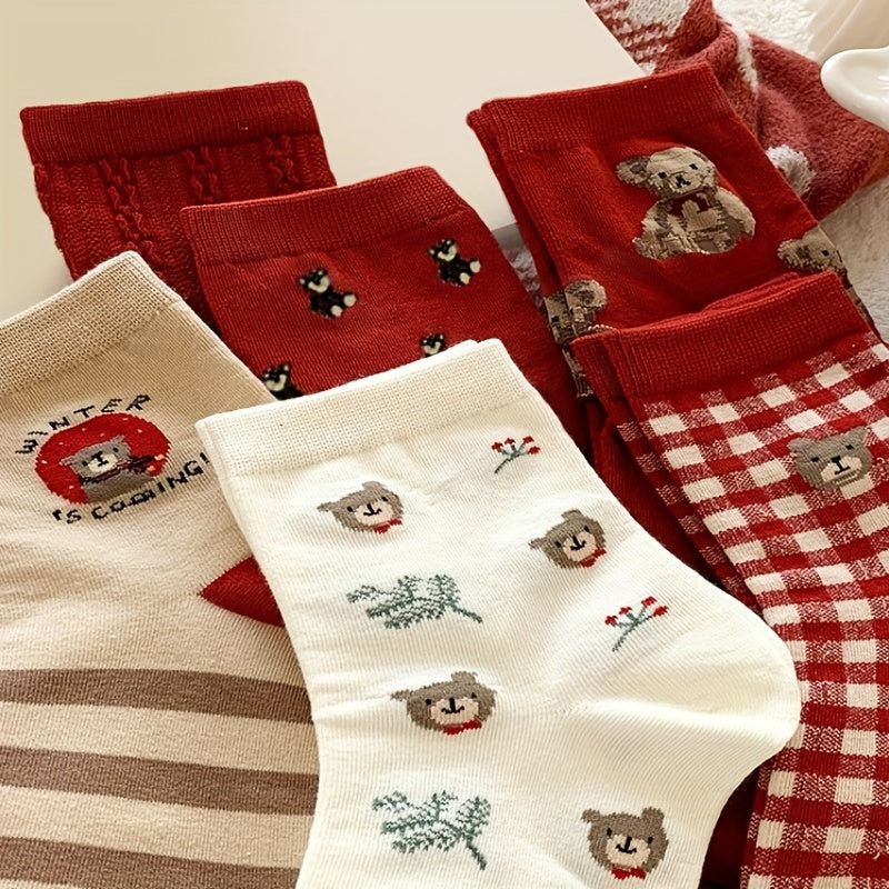 6 Pairs Cartoon Bear Print Socks - Chinese Year Women's Stockings