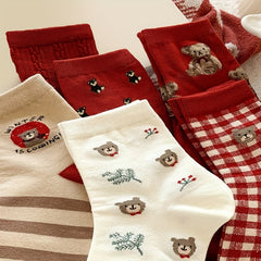 6 Pairs Cartoon Bear Print Socks - Chinese Year Women's Stockings