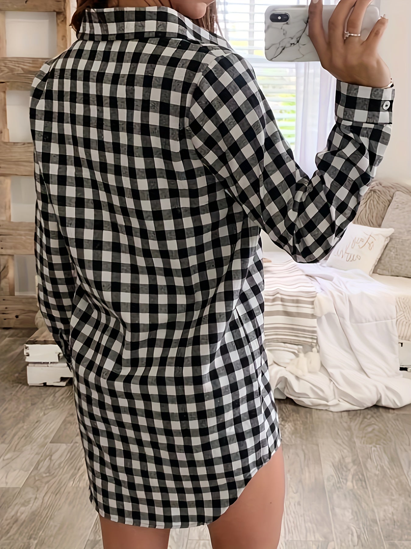 Gingham Print Button Up Long Sleeve Shirt Dress