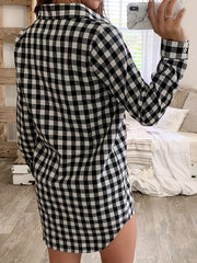 Gingham Print Button Up Long Sleeve Shirt Dress