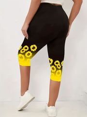 Sunflower Print Skinny Capris Leggings for Women