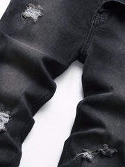 Slim Fit Ripped Cotton Jeans Men s Casual Street Style Solid Distressed Mid