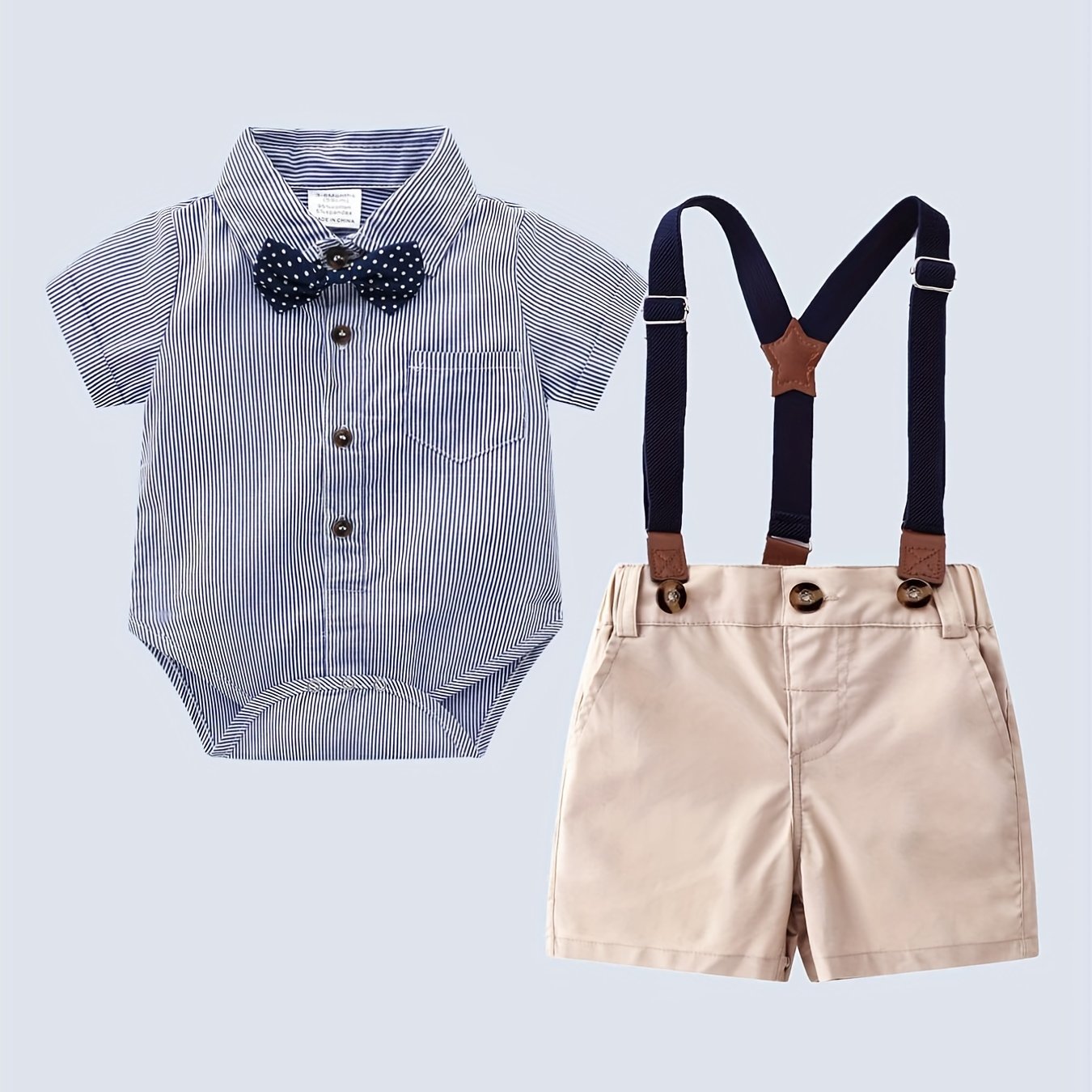Baby Boys Gentleman Outfits Suits Bowtie Striped Bodysuit Suspender Shorts Dress