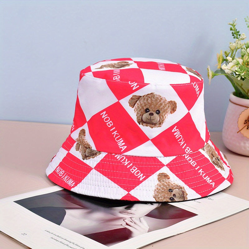Unisex Cartoon Bear Print Bucket Hat, Double-Sided Sunshade Hat