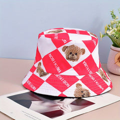 Unisex Cartoon Bear Print Bucket Hat, Double-Sided Sunshade Hat