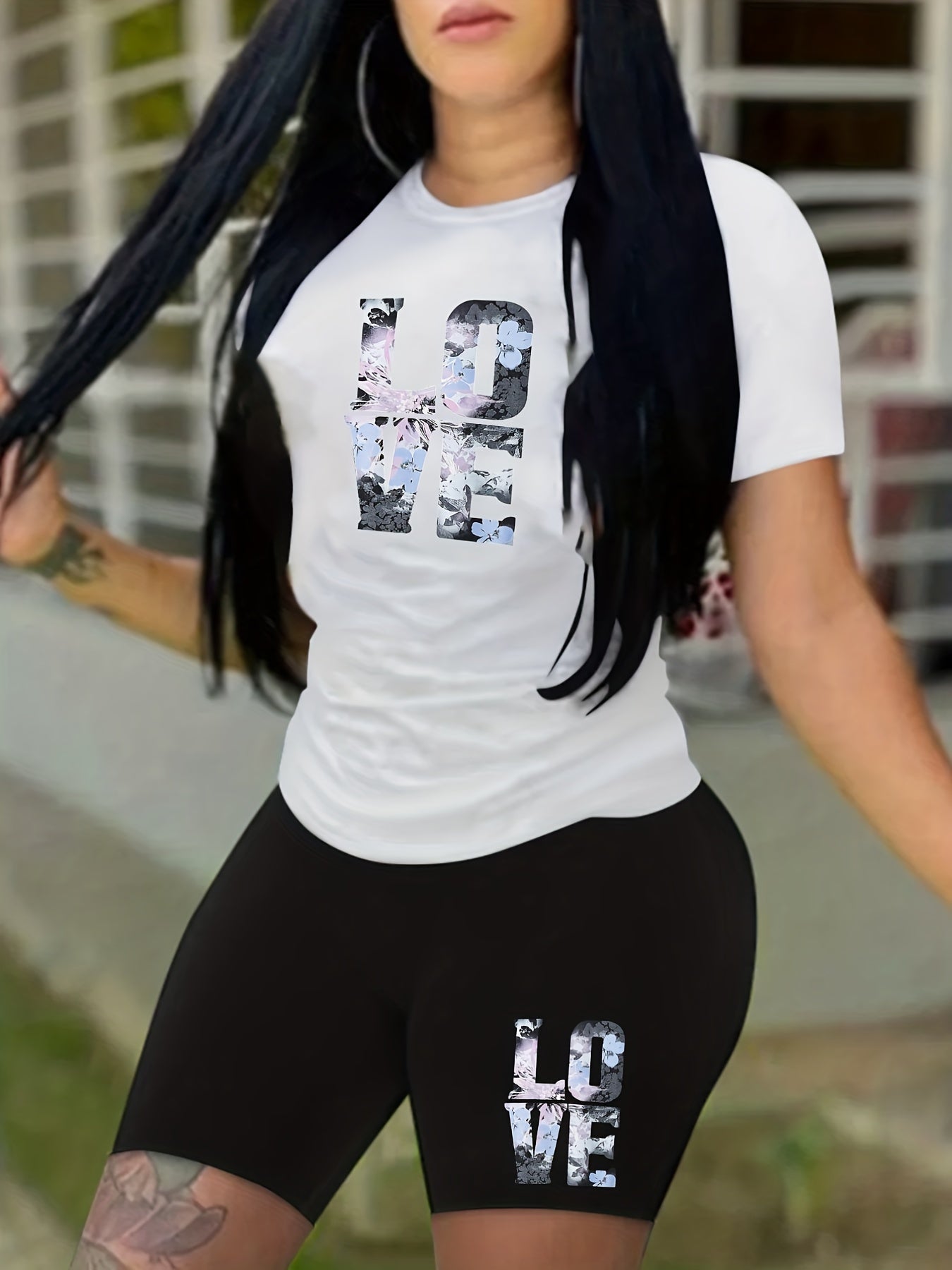 Love Print Matching Two piece Set Casual Short Sleeve T shirt & Biker Shorts