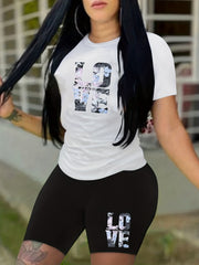 Love Print Matching Two piece Set Casual Short Sleeve T shirt & Biker Shorts