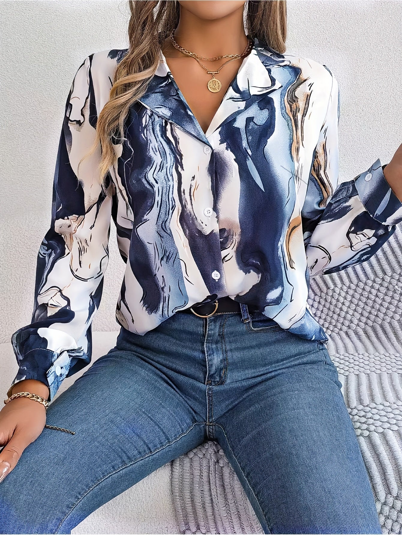 Marble Print Button Up Collar Top
