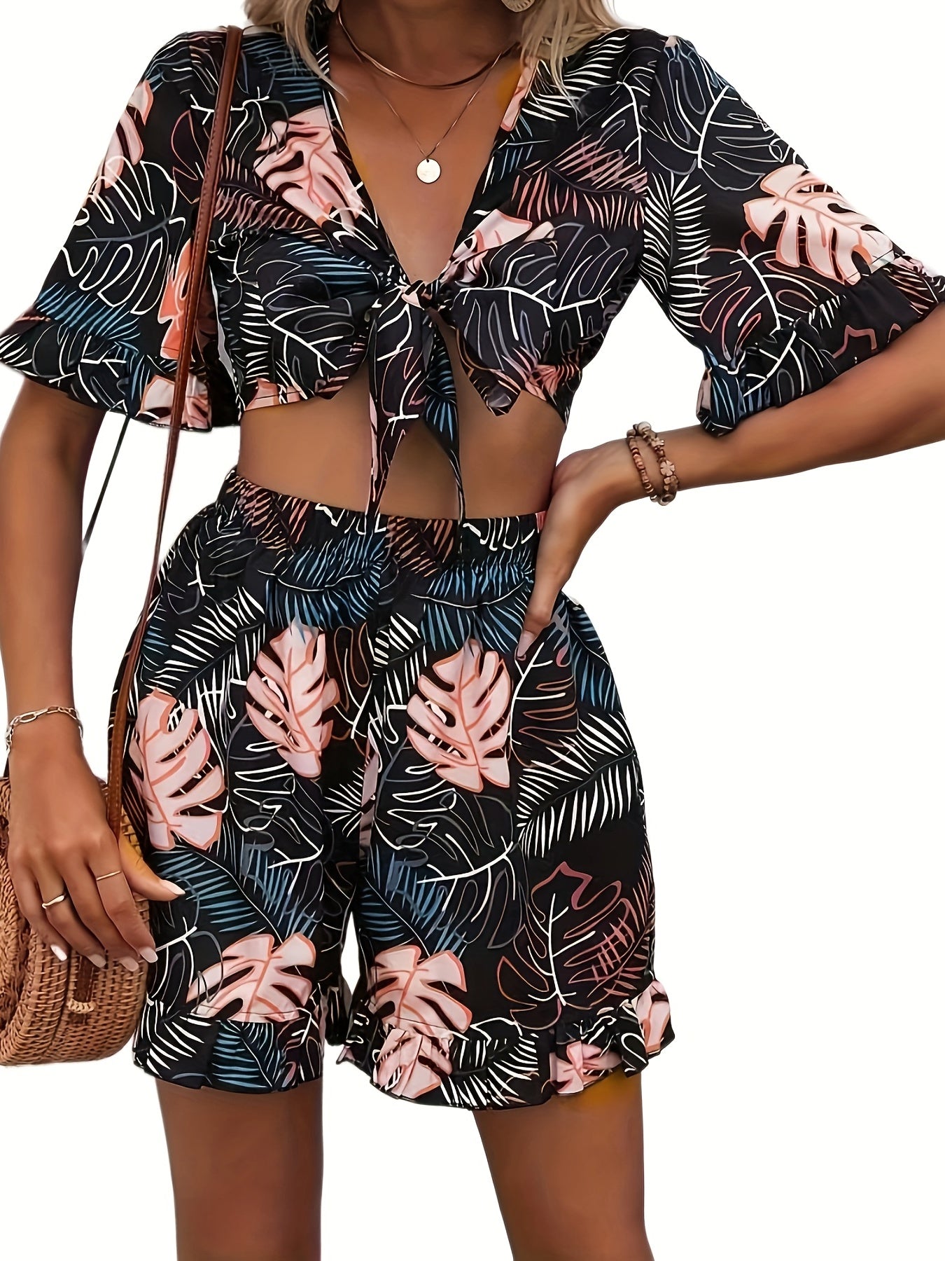 Tropical Print Two-piece Set Tie Front Crop Top & High Waist Shorts Outfit