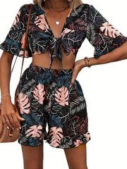 Tropical Print Two-piece Set Tie Front Crop Top & High Waist Shorts Outfit