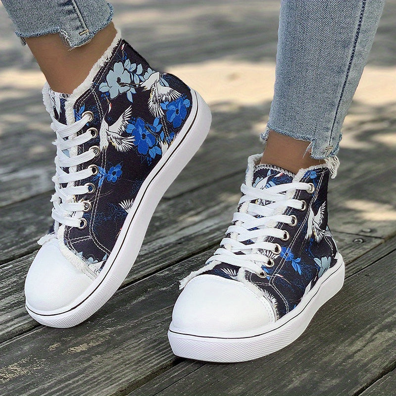 Women's Floral High Top Canvas Sneakers Lace Up Flat Shoes