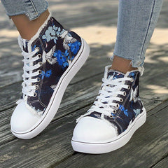 Women's Floral High Top Canvas Sneakers Lace Up Flat Shoes