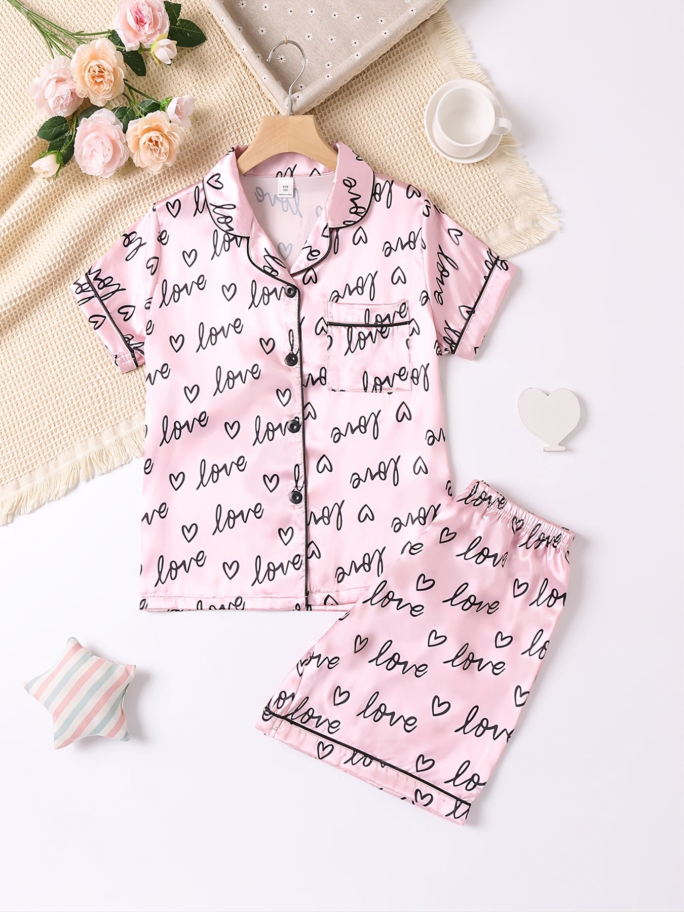 2pcs Girls Casual Summer T shirt And Shorts Pajama Set