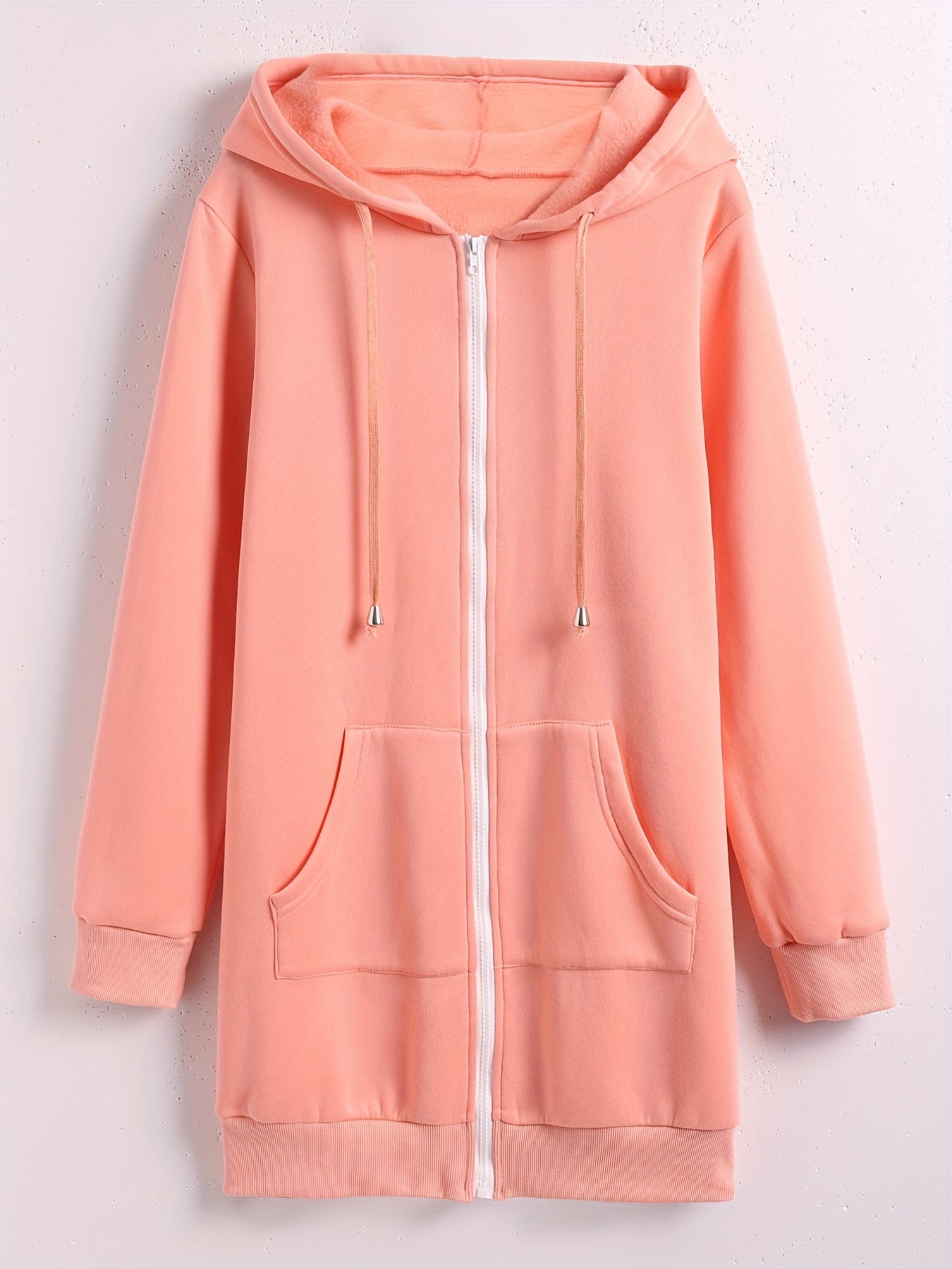 Solid Zip Up Long Length Hoodie Casual Long Sleeve Drawstring Hoodies Sweatshirt