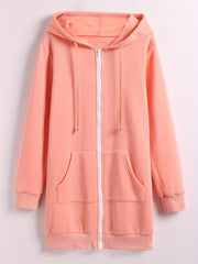 Solid Zip Up Long Length Hoodie Casual Long Sleeve Drawstring Hoodies Sweatshirt