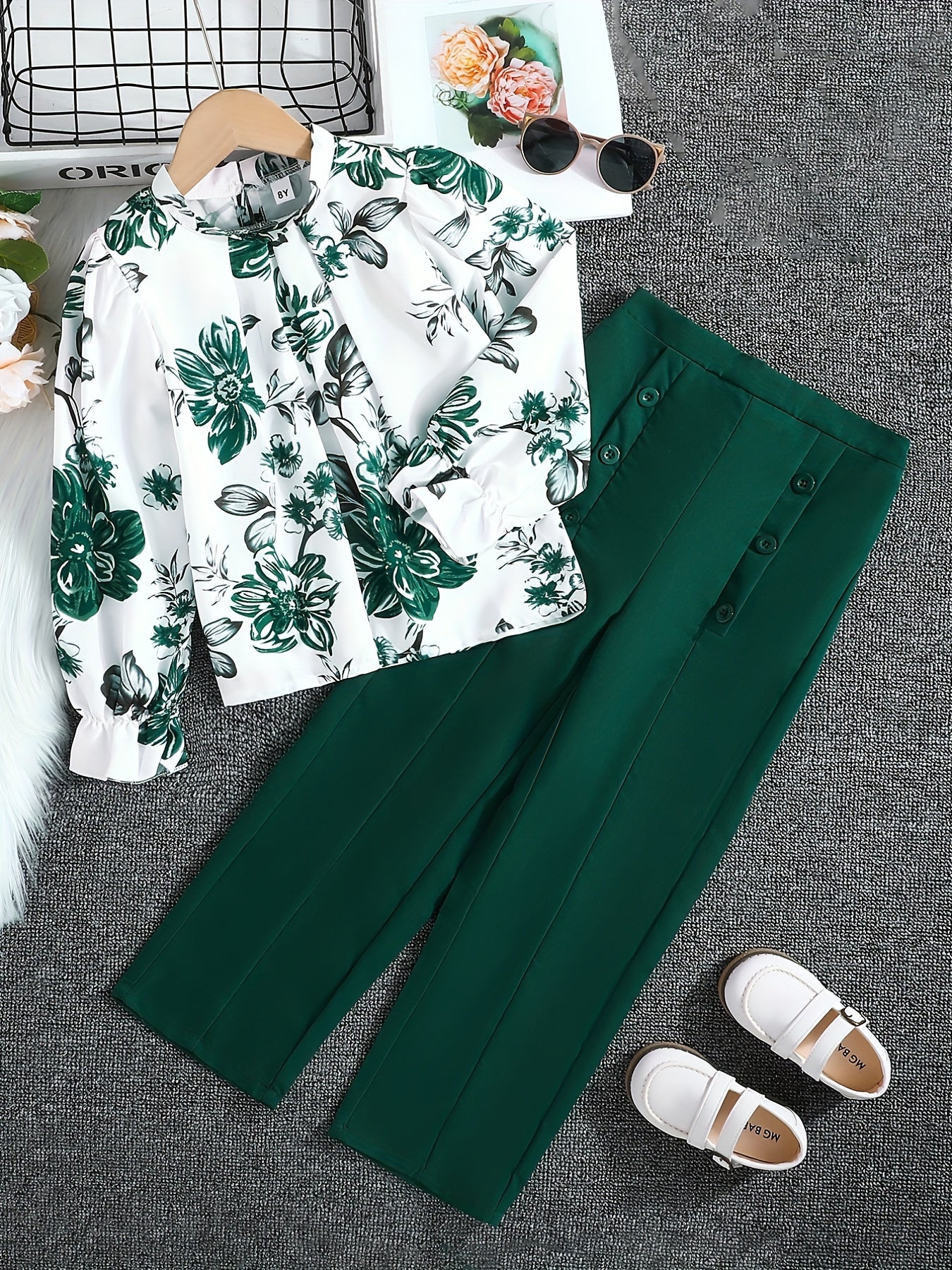 2pcs Girls' Boho Floral Blouse & Button Pants Set