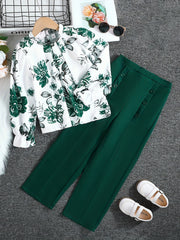 2pcs Girls' Boho Floral Blouse & Button Pants Set