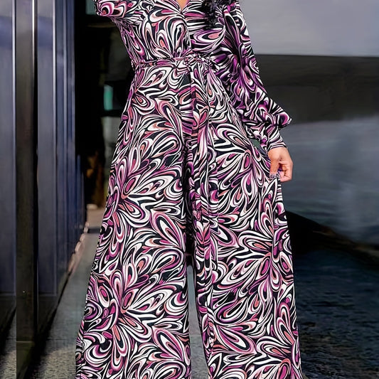 Casual Jumpsuit Women's Plus Allover Print Button Up Long Sleeve