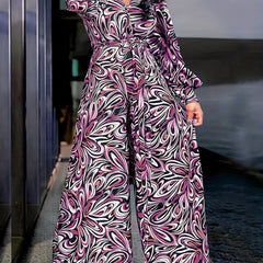 Casual Jumpsuit Women's Plus Allover Print Button Up Long Sleeve