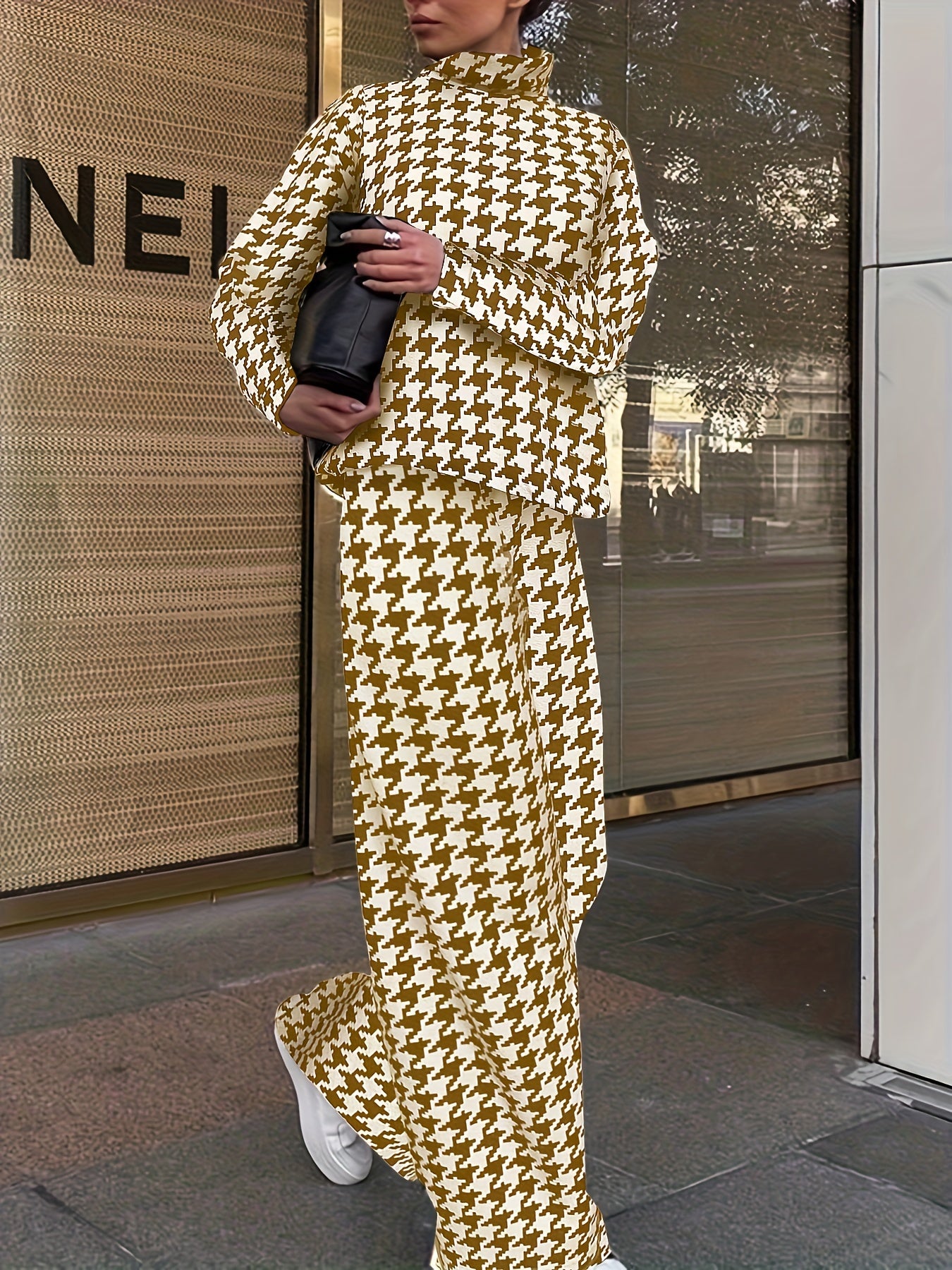 Plus Houndstooth Print Top & Pants Set Women's Plus Size