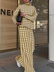 Plus Houndstooth Print Top & Pants Set Women's Plus Size