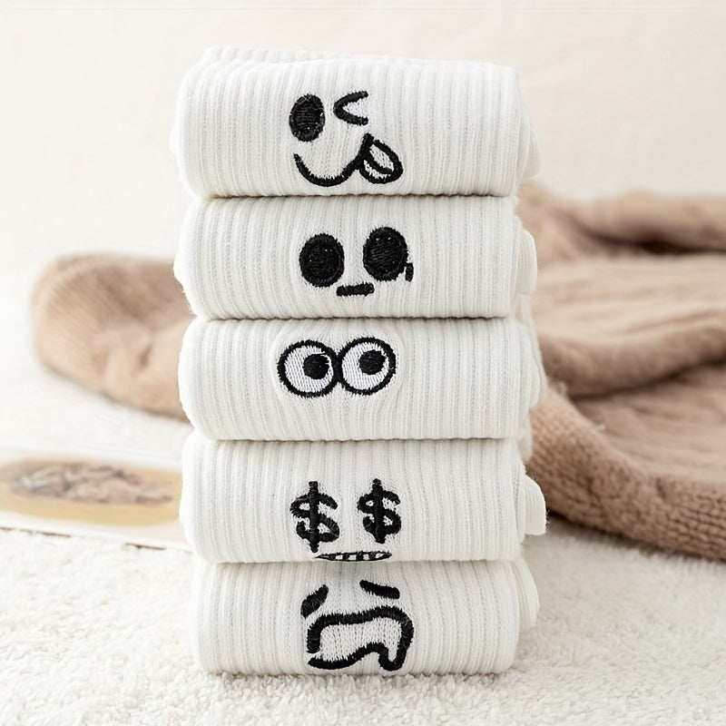 5 Pairs Expression Print Socks Comfy & Breathable Mid Tube Socks