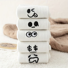5 Pairs Expression Print Socks Comfy & Breathable Mid Tube Socks