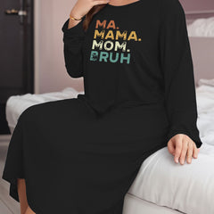 Art Letter Print Long Sleeve Round Neck Nightdress
