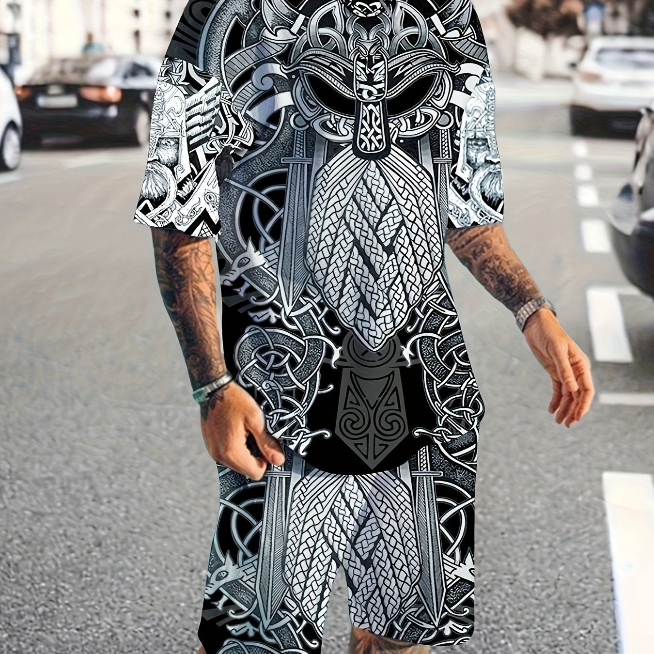 Men's 3D Print T-Shirt & Active Shorts Set for Fitness