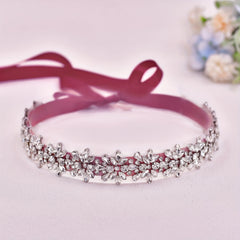 Rhinestone Bridal Sash Red Ribbon with Sparkling Floral