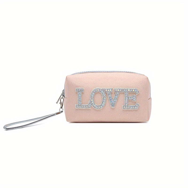 Queen Love Letter Cosmetic Toiletry Bag with Rhinestone Varsity Patches