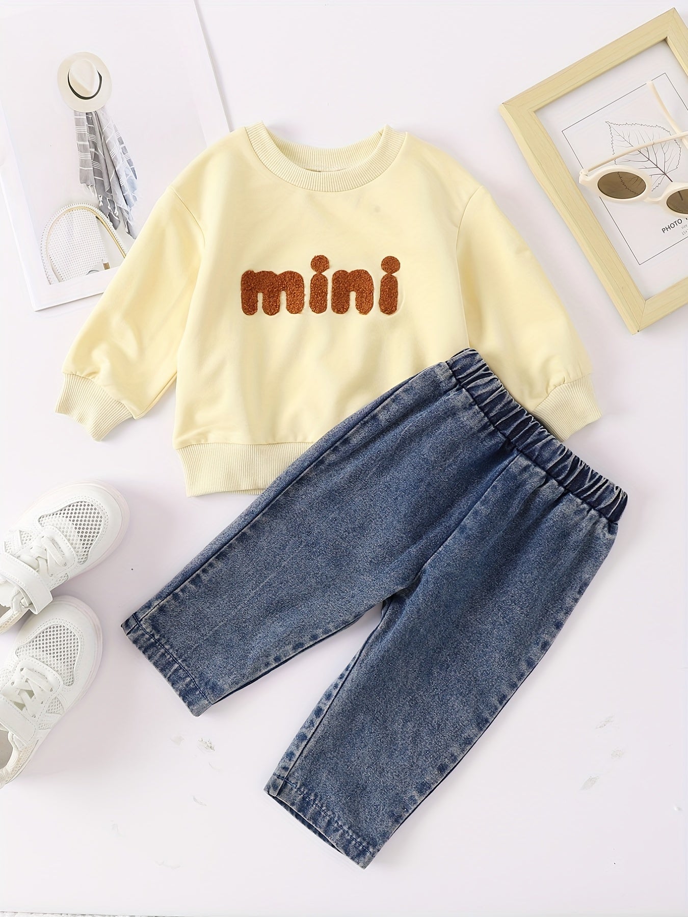 Infant Baby Spring Autumn Letter Sweatshirt Denim Trousers Set