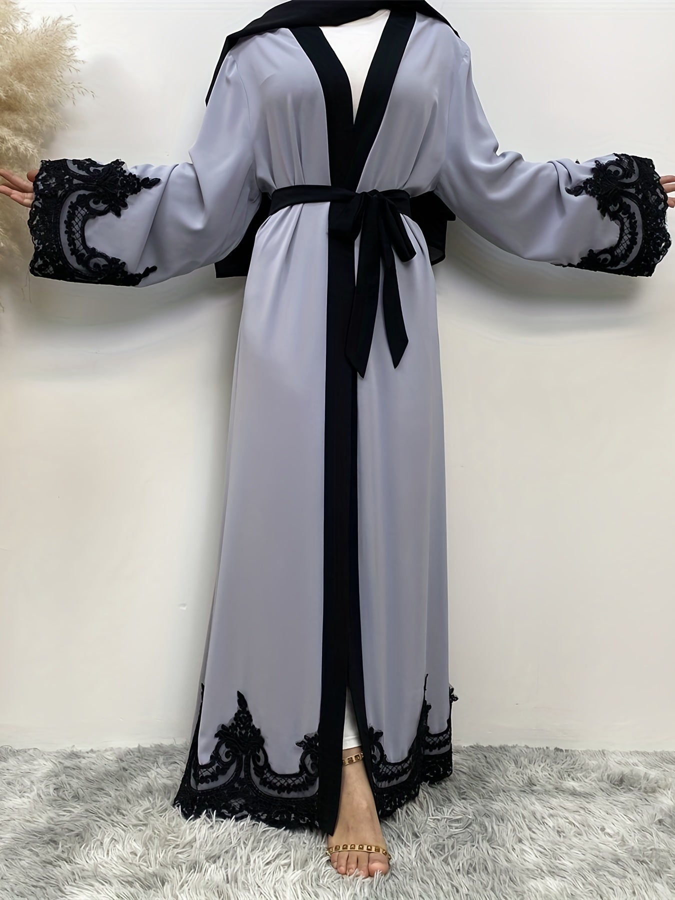 Women's Plus Floral Embroidered Abaya Dress With Belt