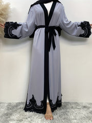 Women's Plus Floral Embroidered Abaya Dress With Belt