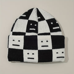 Checkerboard Smiling Beanie Jacquard Wool Knit Hat Unisex Couple Skull Cap