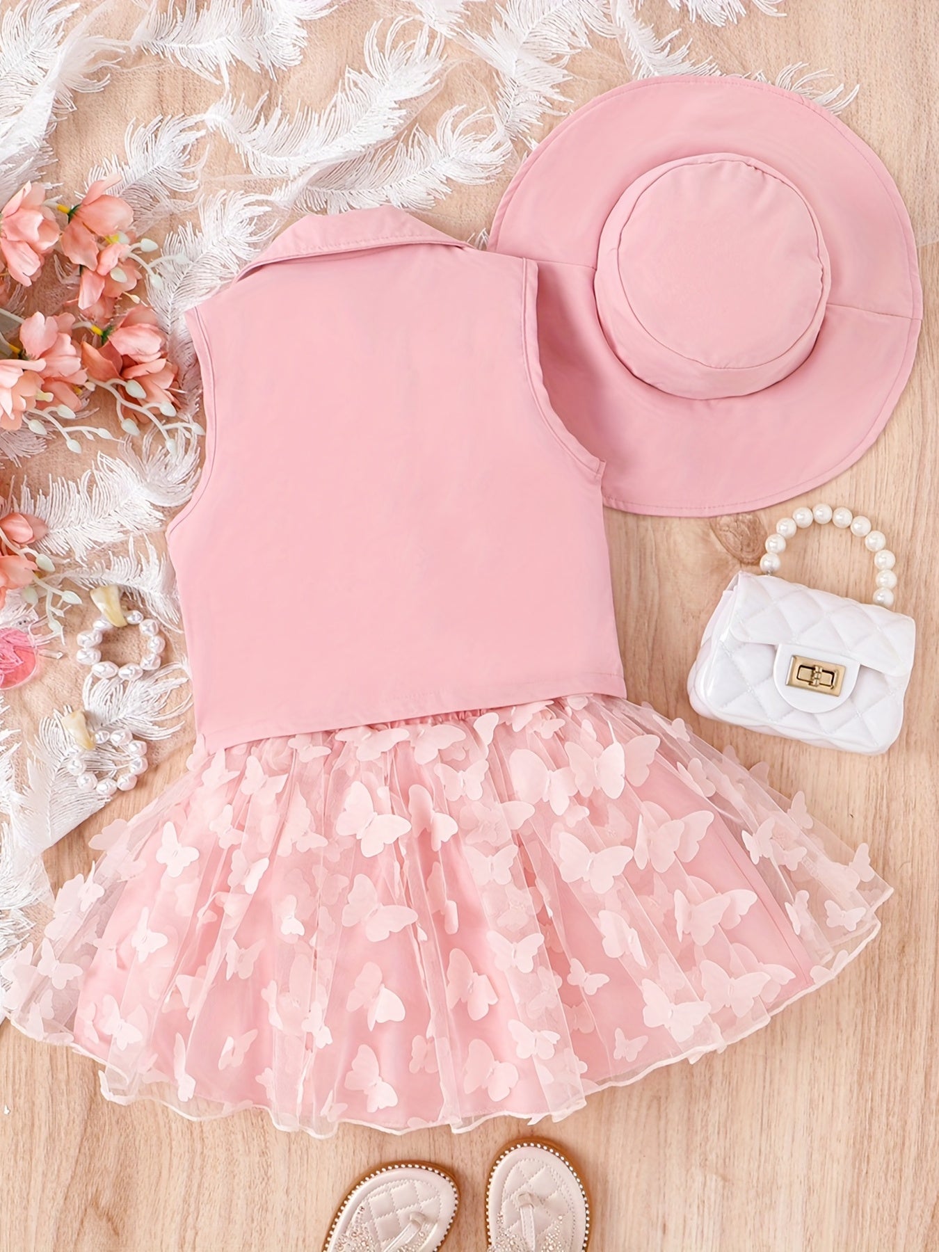 Girls 3pcs Lapel Vest Top & Mesh Tutu Skirt & Hat Summer Set