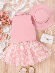 Girls 3pcs Lapel Vest Top & Mesh Tutu Skirt & Hat Summer Set