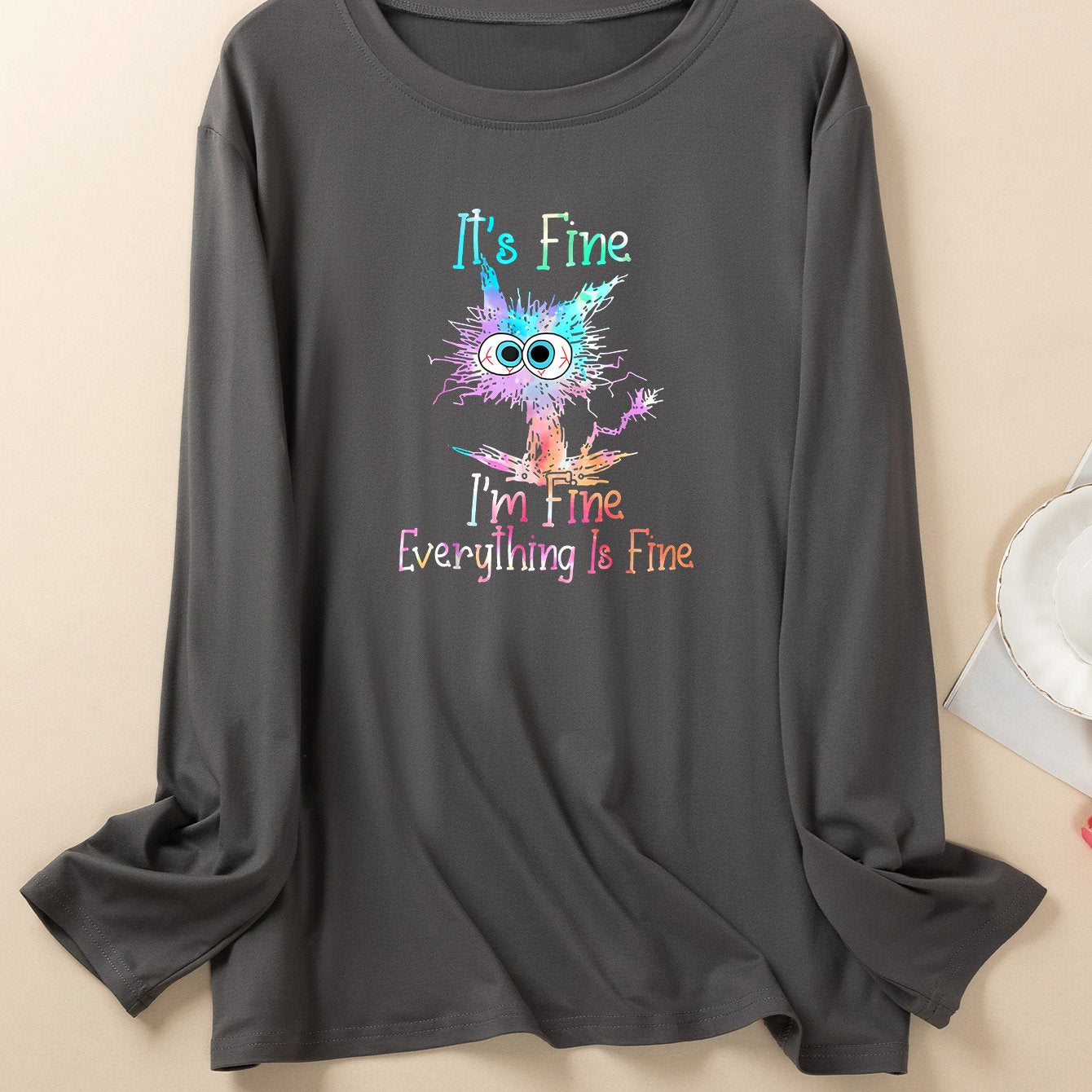 Cat & Ombre Slogan Print Long Sleeve Lounge Top