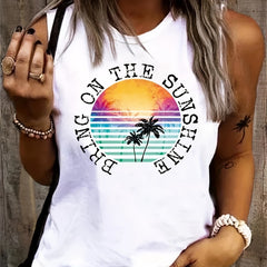 Coconut Tree & Letter Print Tank Top Sleeveless Crew Neck Casual Top