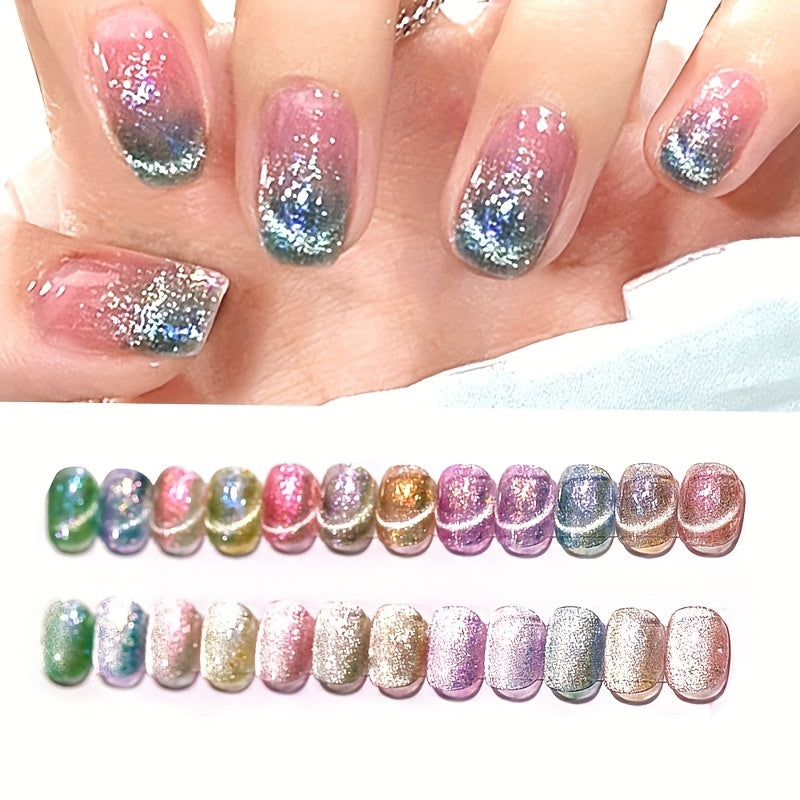 12 Colors Magnetic Gel Nail Polish - Colorful Holographic Cat Eye Gel